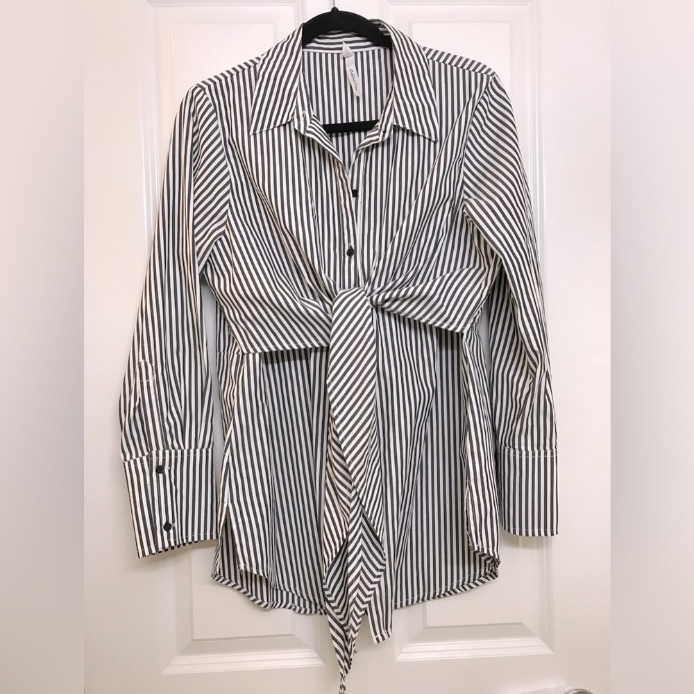 NY Collection Front Tie Striped Button Down Shirt